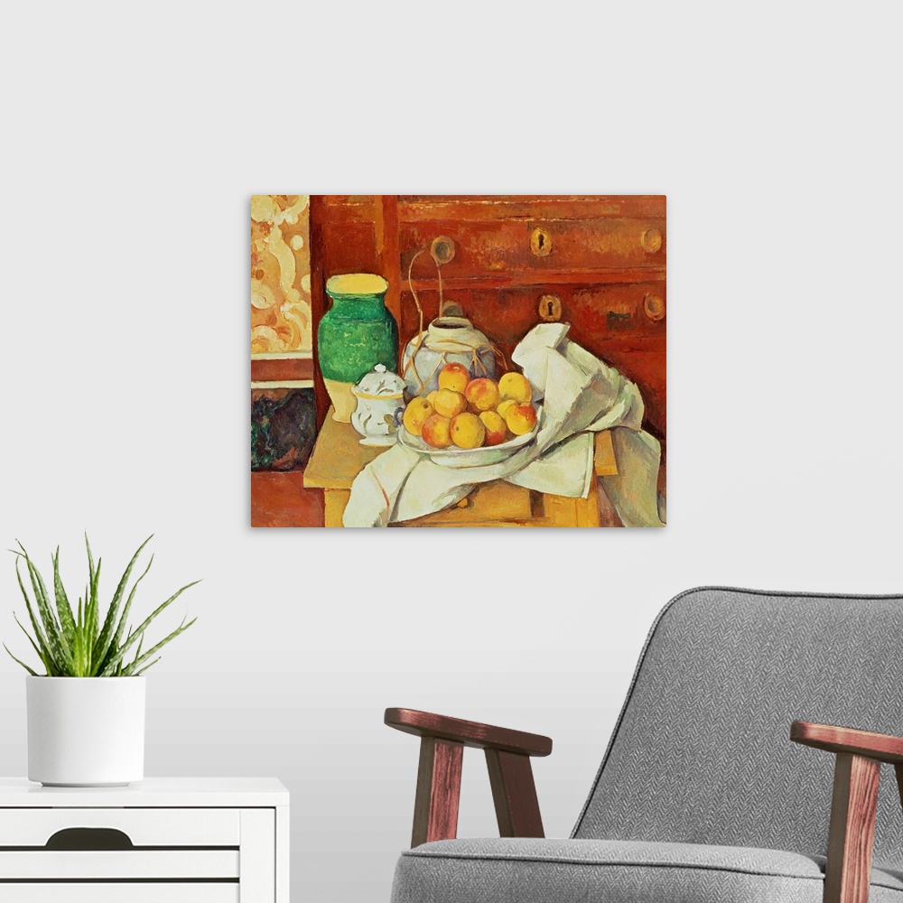 A modern room featuring Painting of fruit in a bowl and vases on a table with a painted canvas and dresser in the backgro...