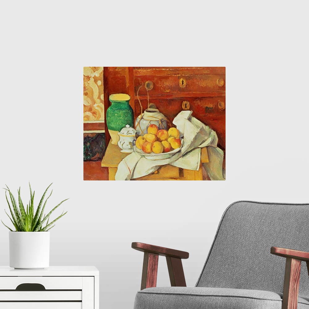 A modern room featuring Painting of fruit in a bowl and vases on a table with a painted canvas and dresser in the backgro...