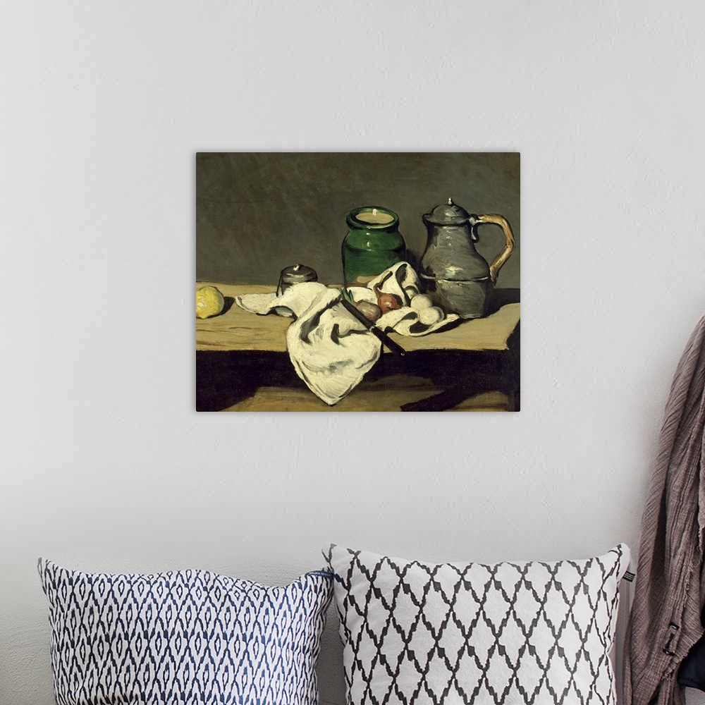 A bohemian room featuring Oil painting on canvas of various kitchen items on a table with a dark backdrop.
