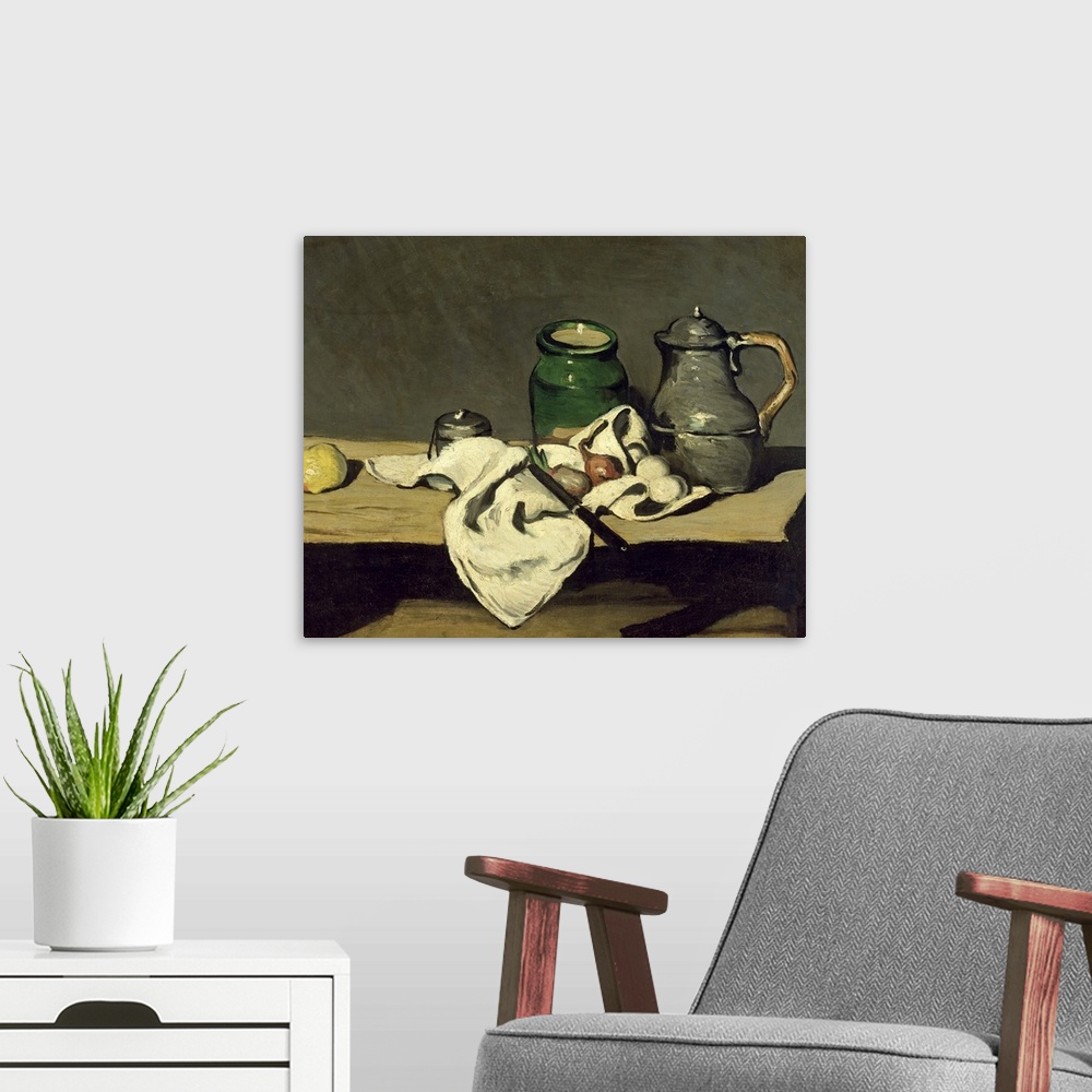 A modern room featuring Oil painting on canvas of various kitchen items on a table with a dark backdrop.