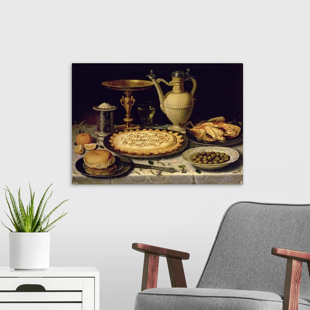 A modern room featuring Still life with a tart, roast chicken, bread, rice and olives