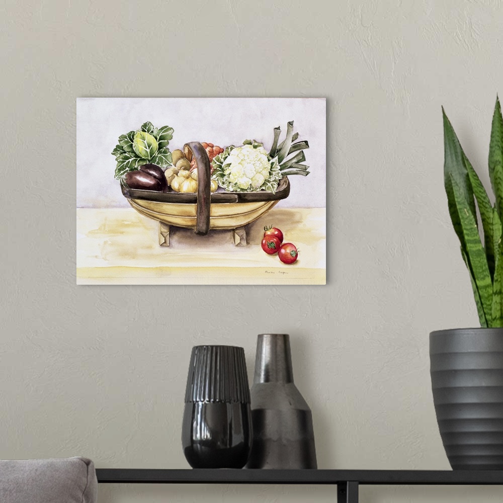 A modern room featuring Still life with a trug of vegetables, 1996