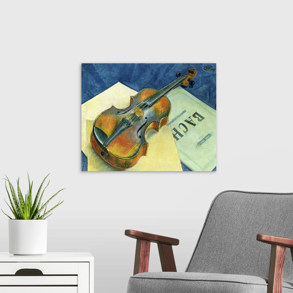 A modern room featuring BAL56620 Still Life with a Violin, 1921 (oil on canvas)  by Petrov-Vodkin, Kuzma Sergeevich (1878...