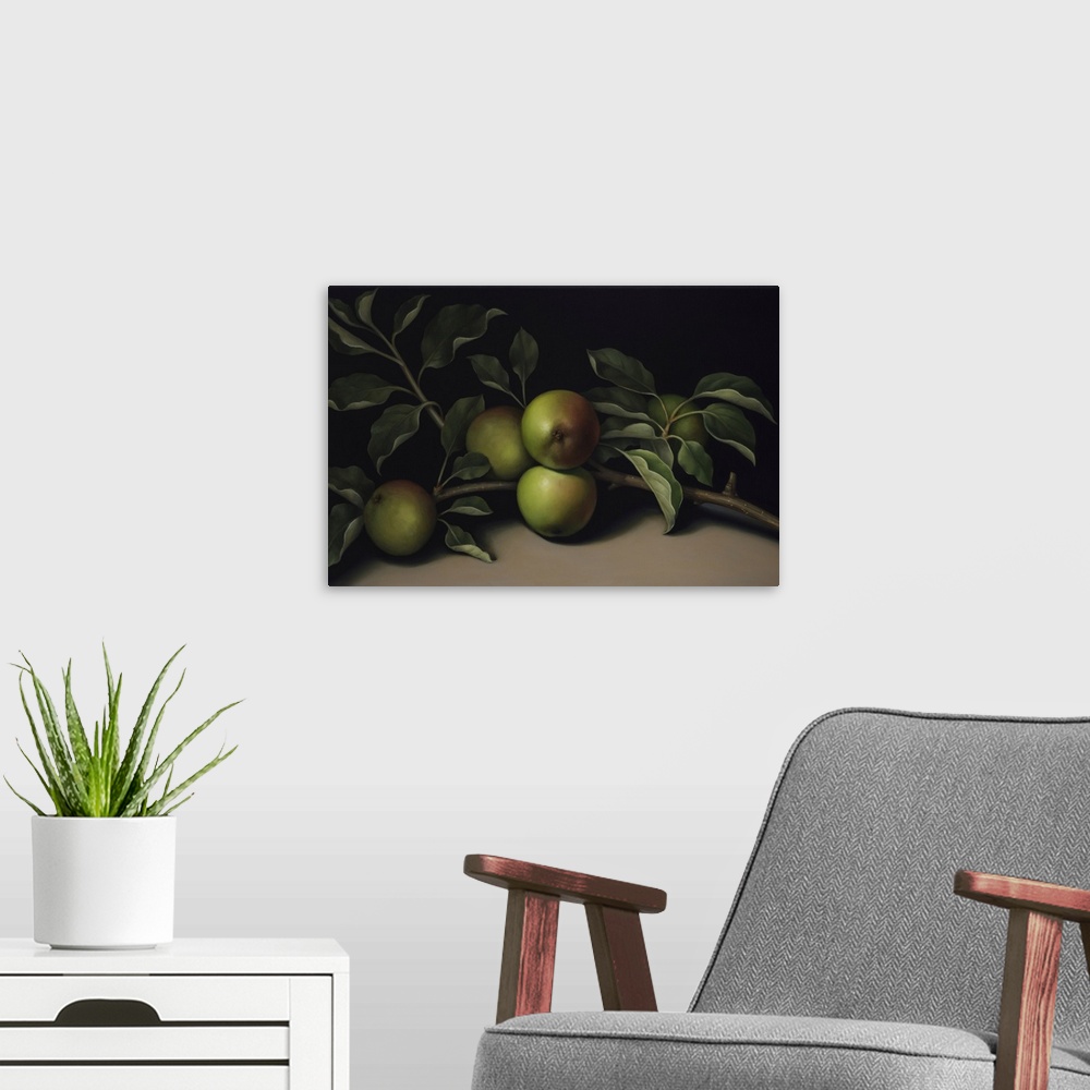 A modern room featuring Still Life With Apple Branch, 2018
