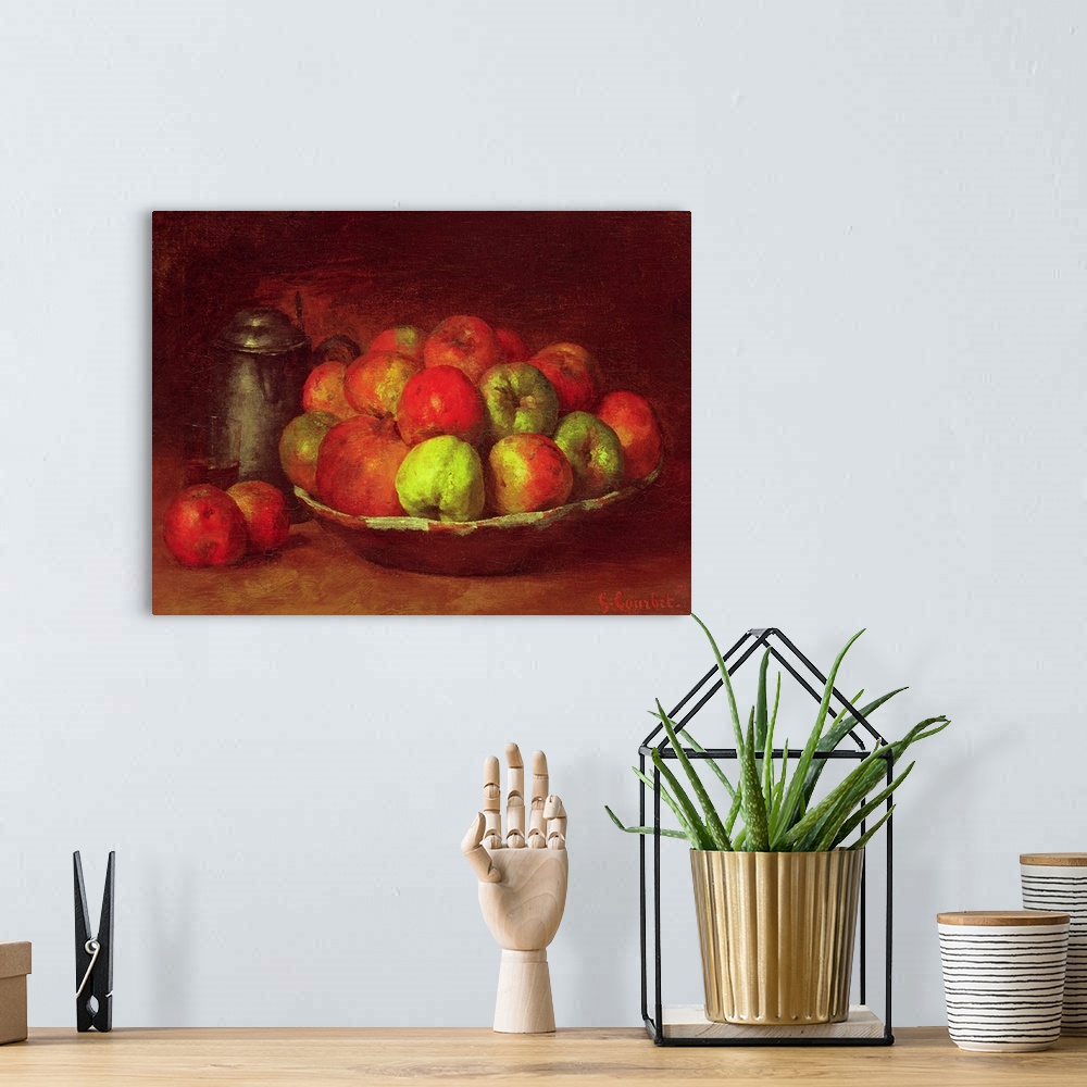 A bohemian room featuring Oil painting on canvas of a bowl full of fruit and a glass and jar next to it.