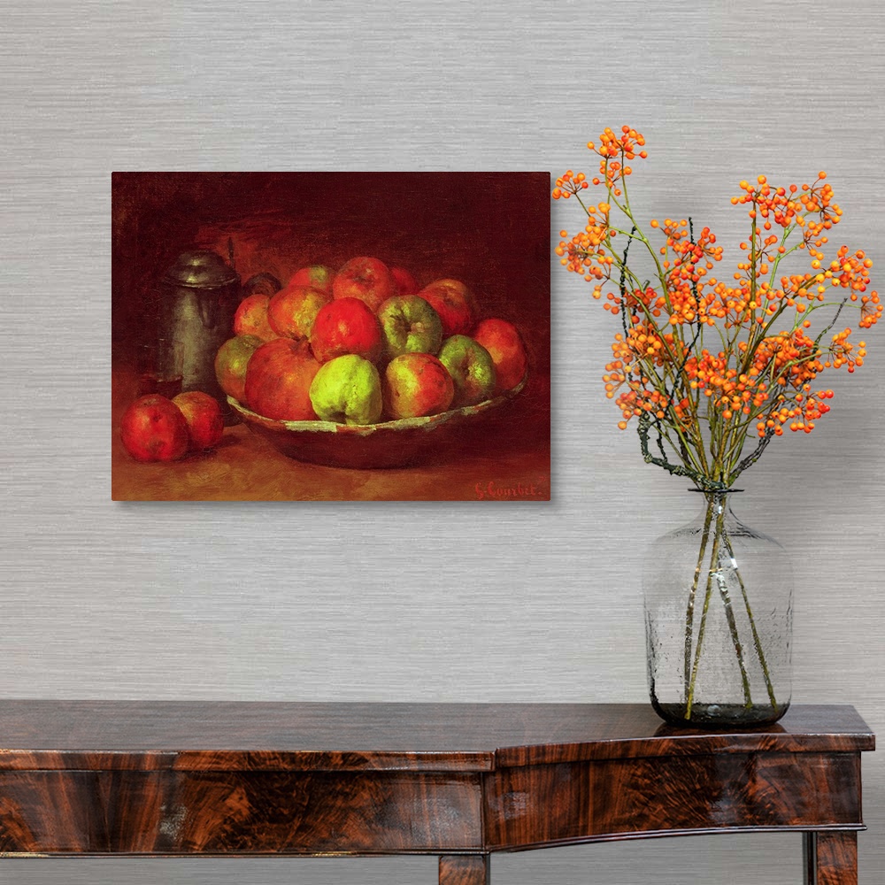 A traditional room featuring Oil painting on canvas of a bowl full of fruit and a glass and jar next to it.