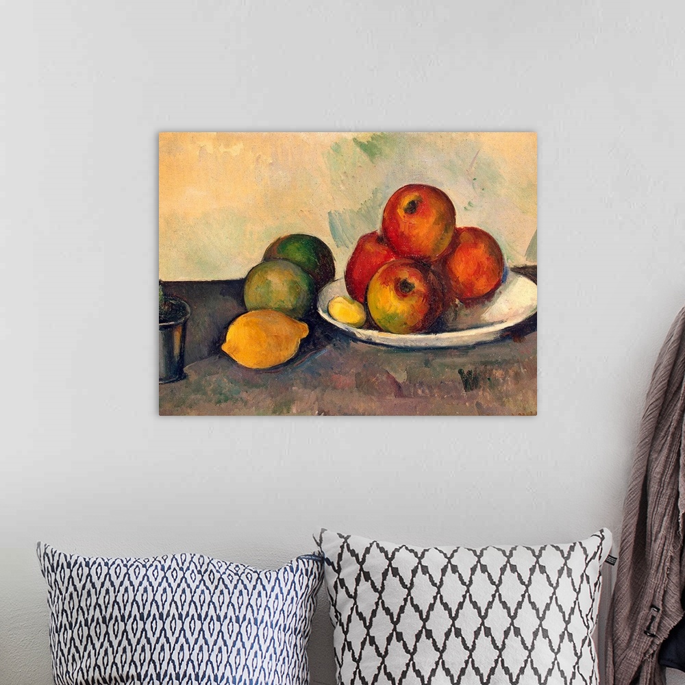 A bohemian room featuring Large classic art focuses on an arrangement of fruit sitting on a plate, as well as directly in c...