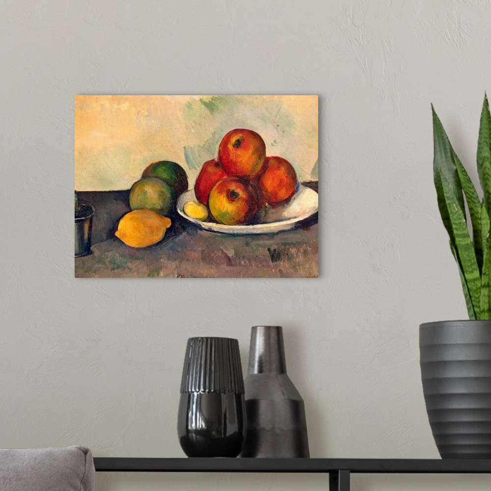 A modern room featuring Large classic art focuses on an arrangement of fruit sitting on a plate, as well as directly in c...