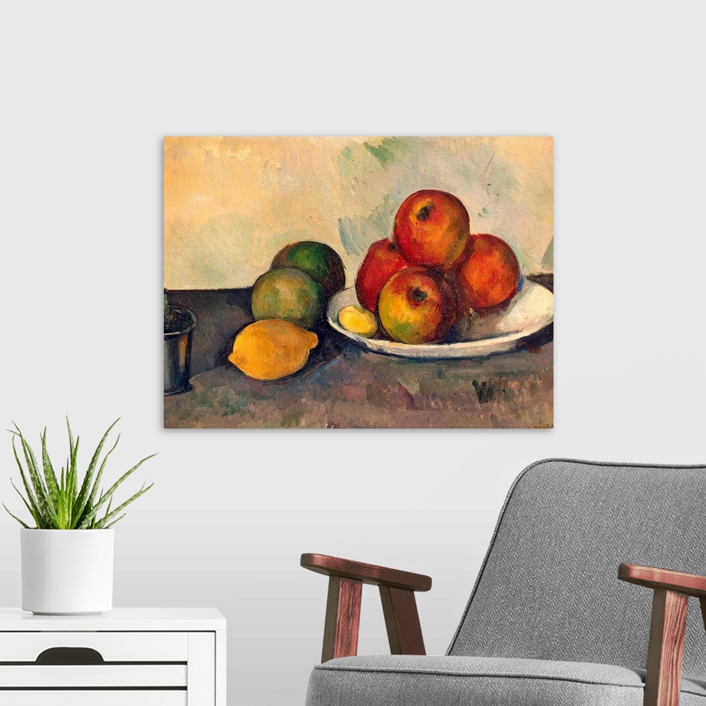 A modern room featuring Large classic art focuses on an arrangement of fruit sitting on a plate, as well as directly in c...