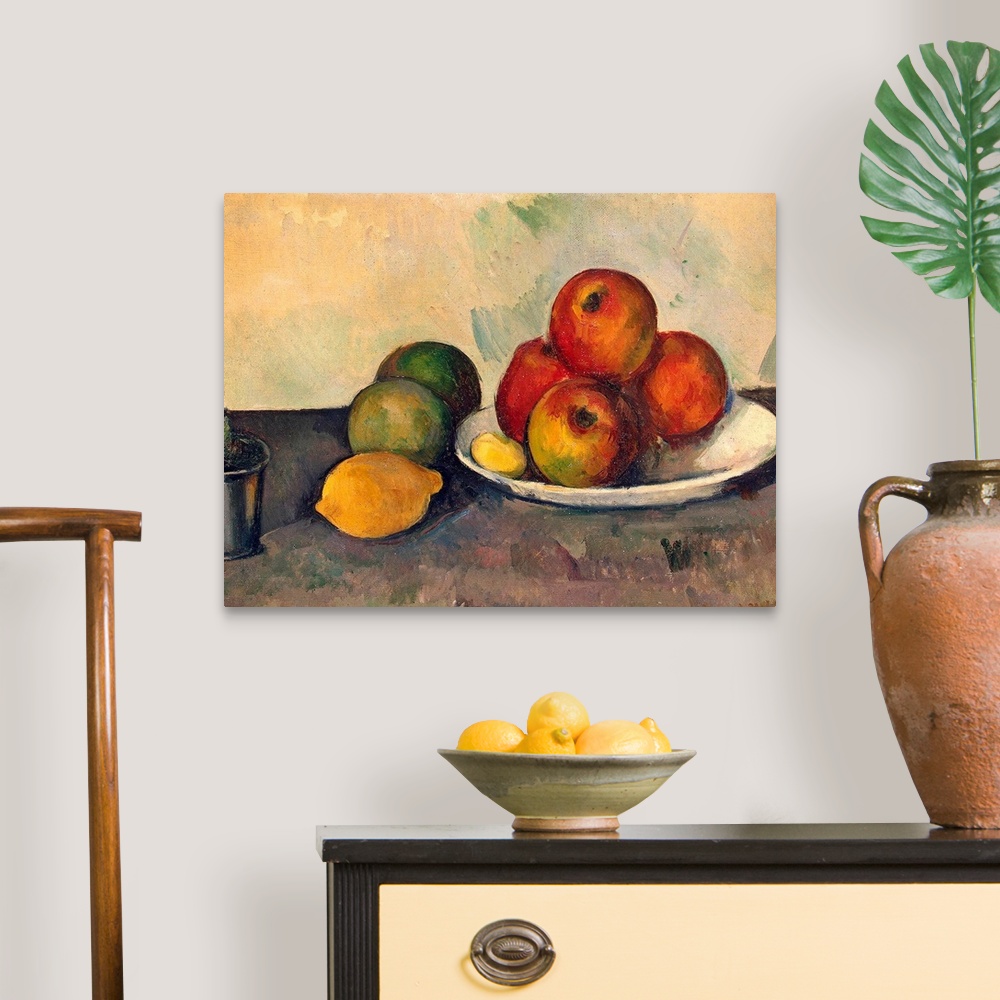 A traditional room featuring Large classic art focuses on an arrangement of fruit sitting on a plate, as well as directly in c...