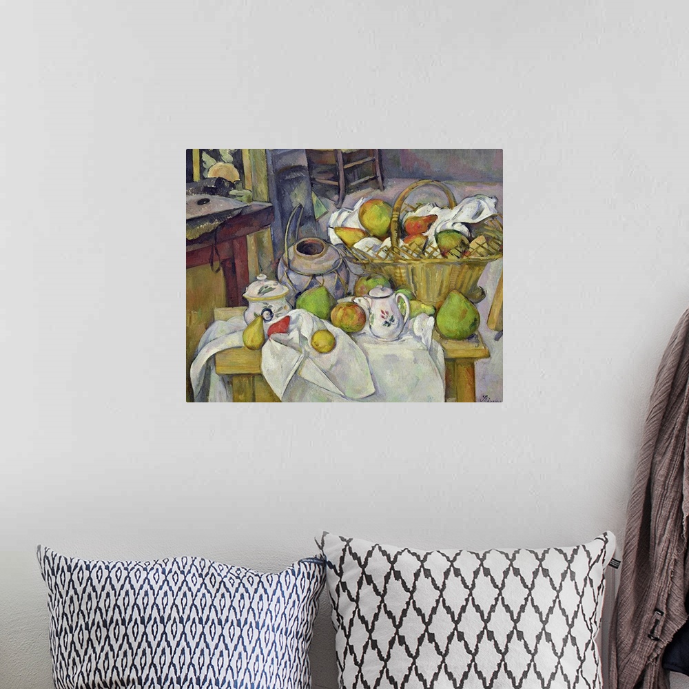 A bohemian room featuring Painting of table filled with fruit, tea pots, jar, and fruit filled basket.