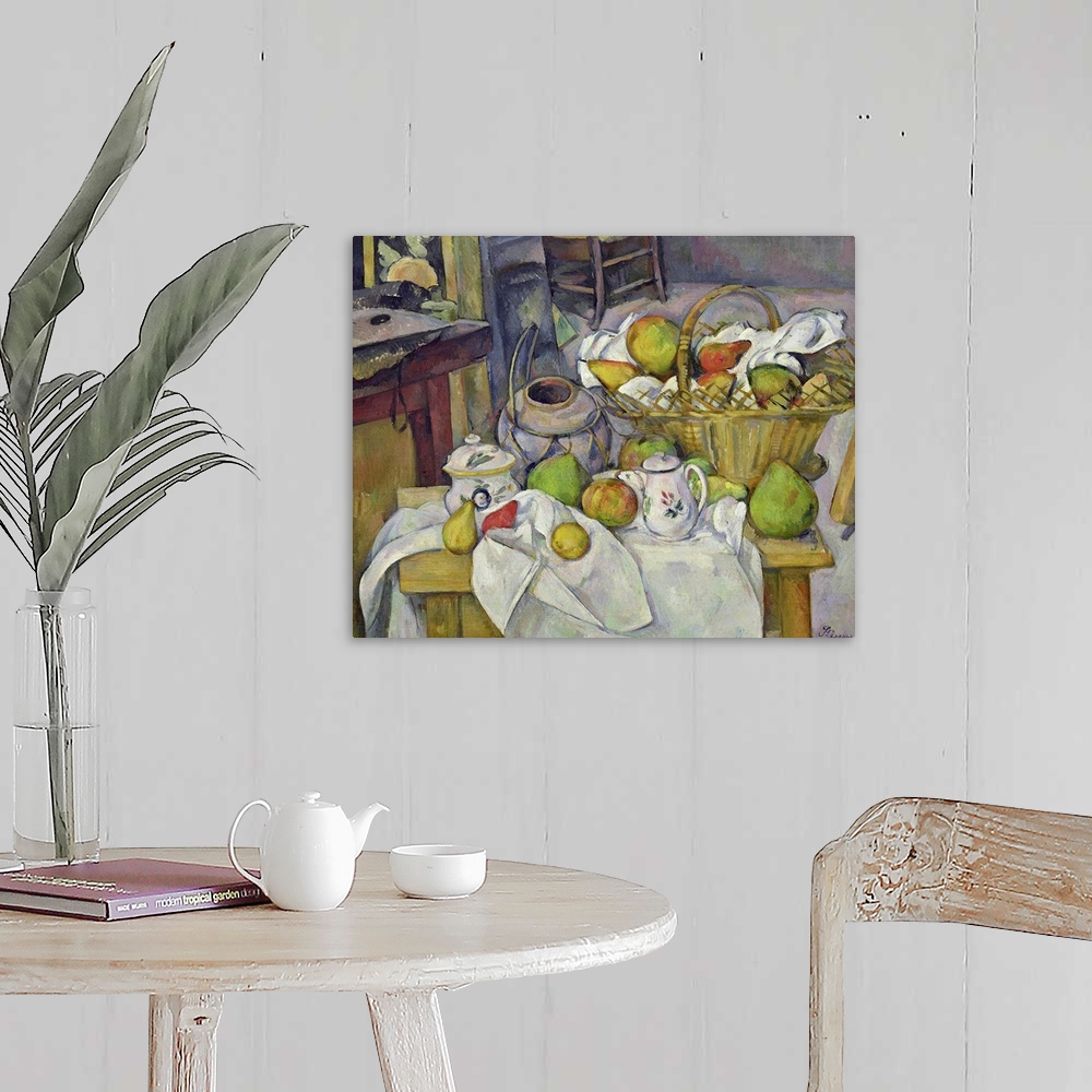 A farmhouse room featuring Painting of table filled with fruit, tea pots, jar, and fruit filled basket.