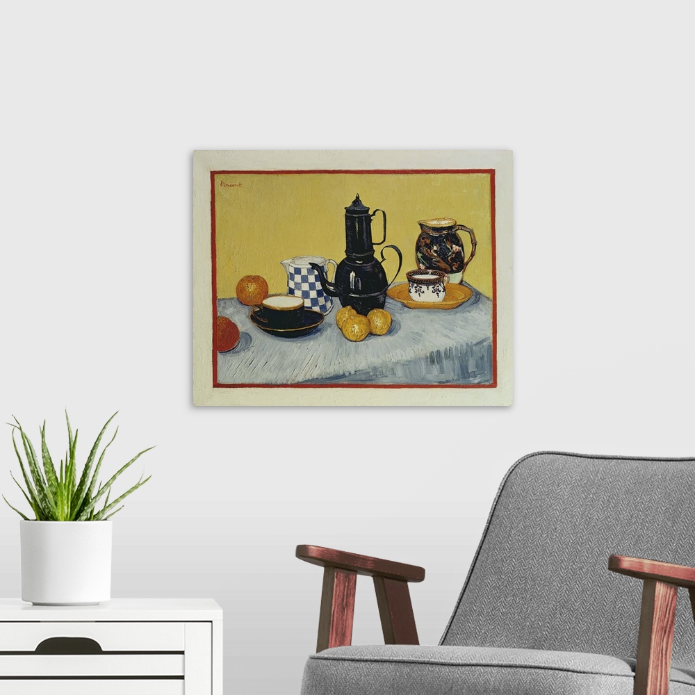 A modern room featuring Still Life With Blue Enamel Coffeepot, Earthenware And Fruit, 1888