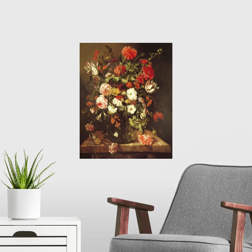 A modern room featuring BAL7148 Still Life with Flowers (oil on canvas)  by Beyeren, Abraham Hendricksz van (1620/1-91); ...