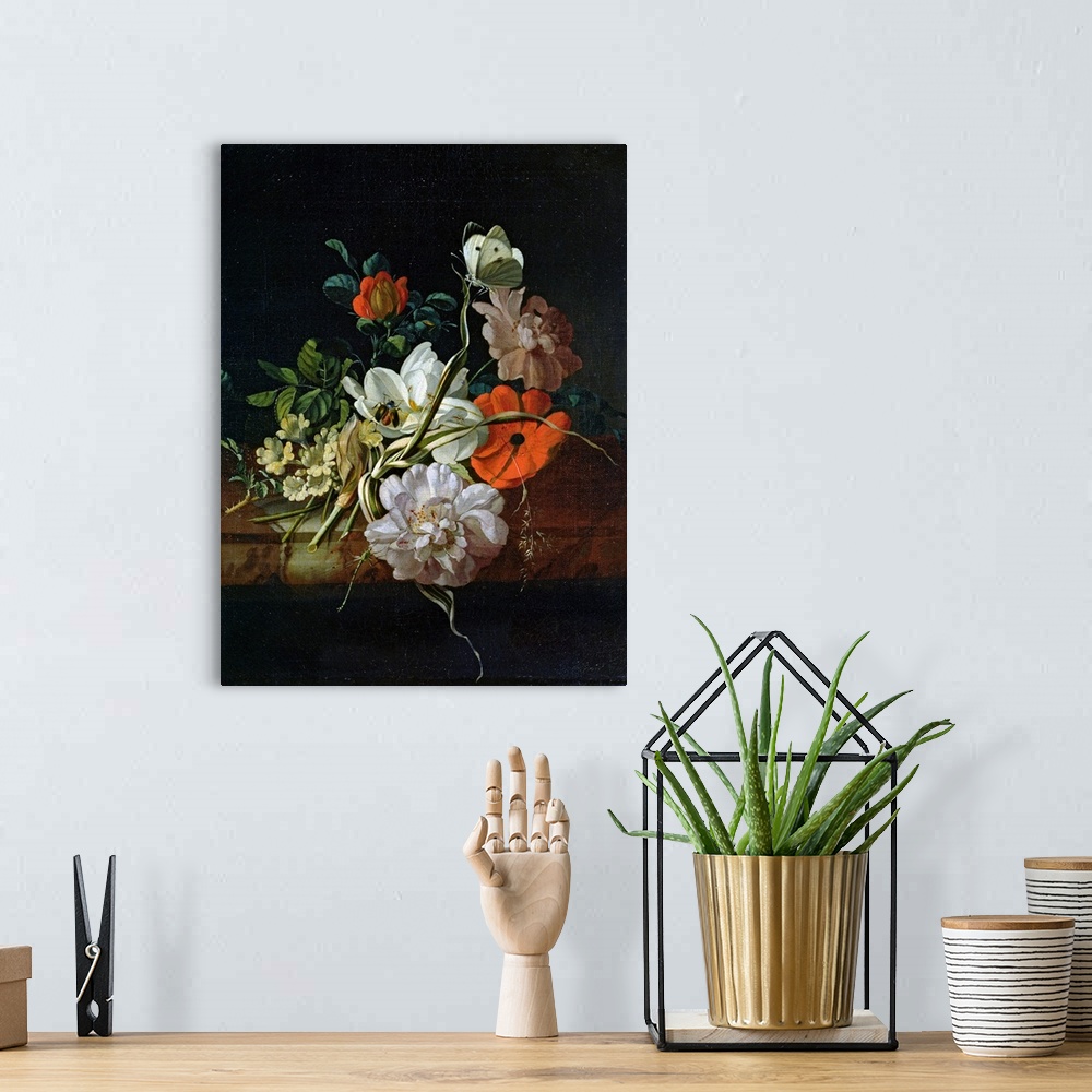 A bohemian room featuring This classic artwork is a painting of a batch of flowers of different types and colors with a bee...