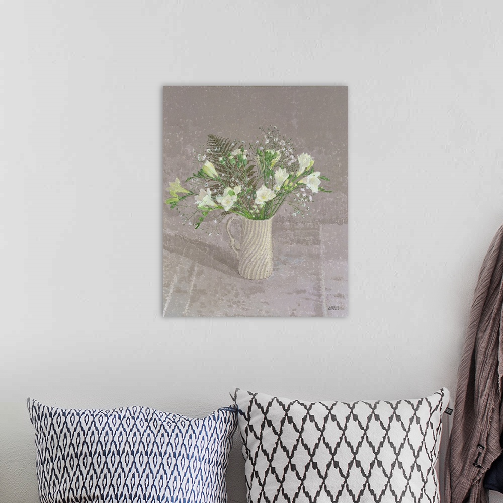 A bohemian room featuring Still Life with Freesias, White Carnation and a Fern