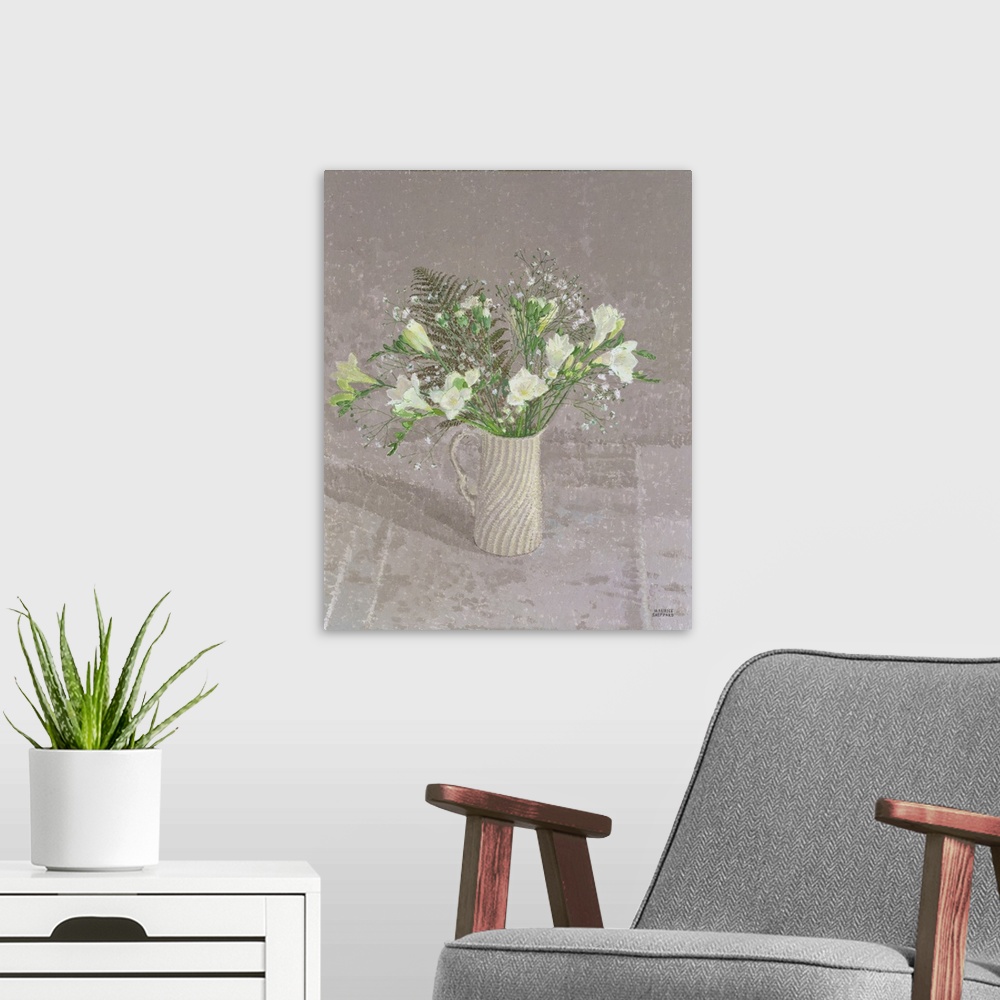 A modern room featuring Still Life with Freesias, White Carnation and a Fern