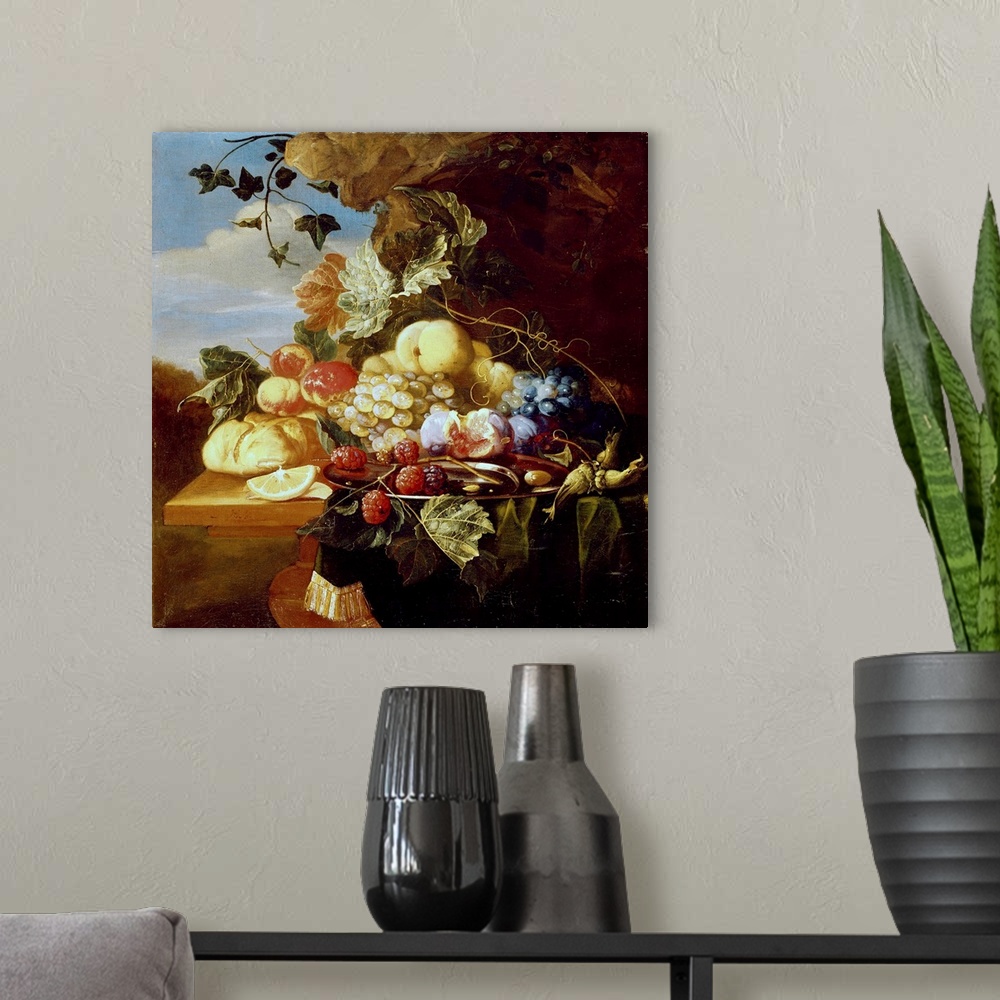 A modern room featuring Still life with fruit and flowers