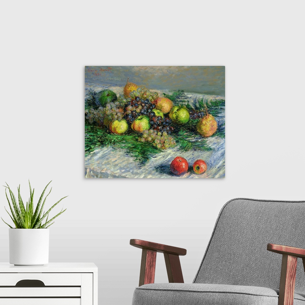 A modern room featuring This is an Impressionist painting of fruits on a table in this decorative wall art for the home, ...