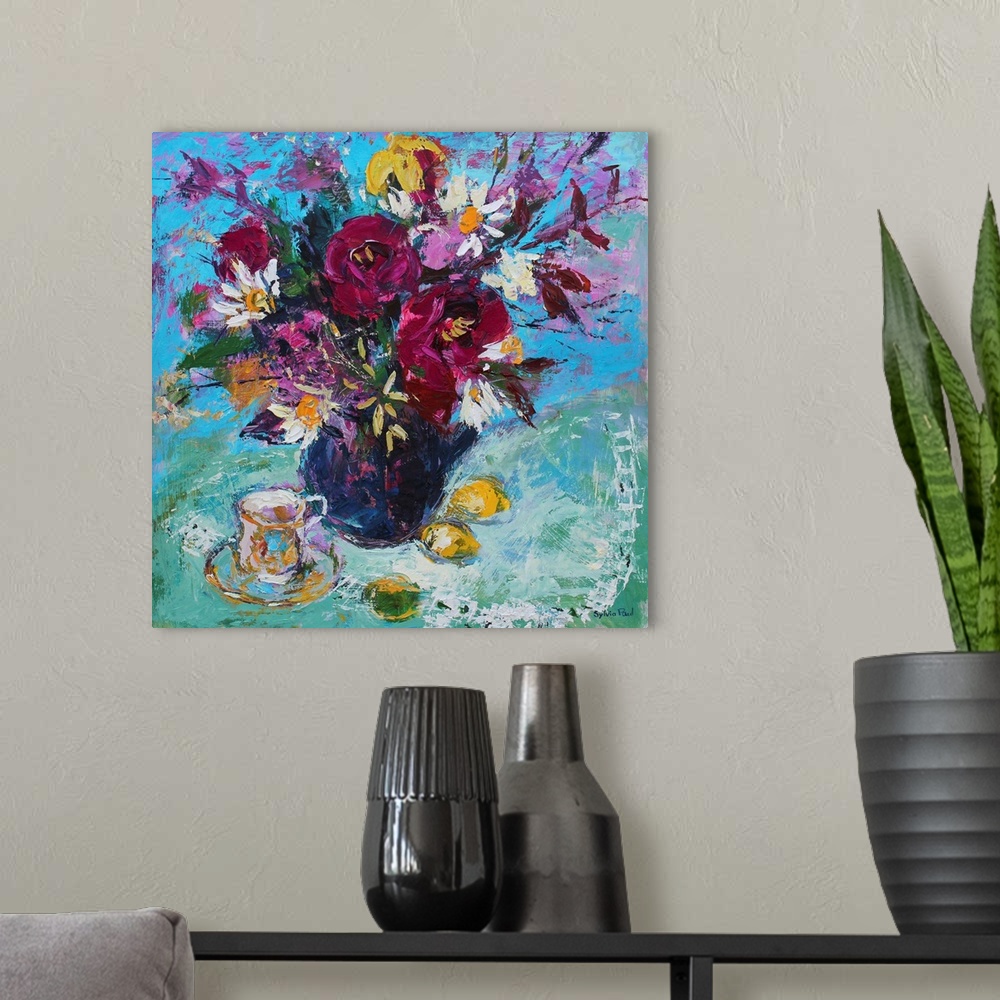 A modern room featuring Contemporary still-life painting of flowers in a vase.