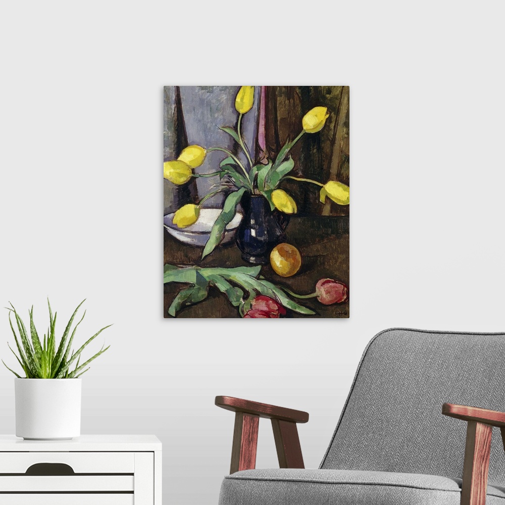 A modern room featuring Still-Life with Tulips