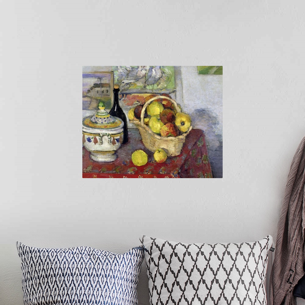 A bohemian room featuring Oil painting on canvas of a basket of apples on a table with a wine bottle and a vase.