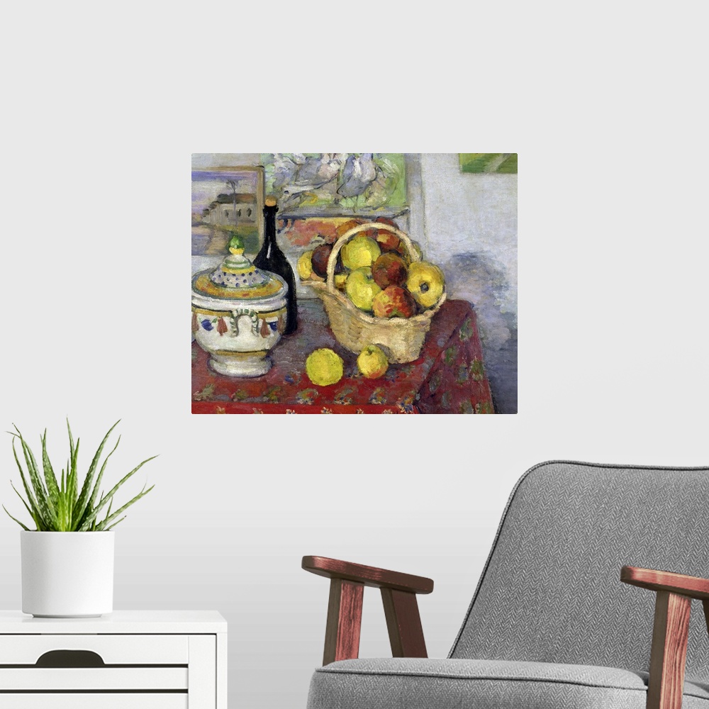 A modern room featuring Oil painting on canvas of a basket of apples on a table with a wine bottle and a vase.