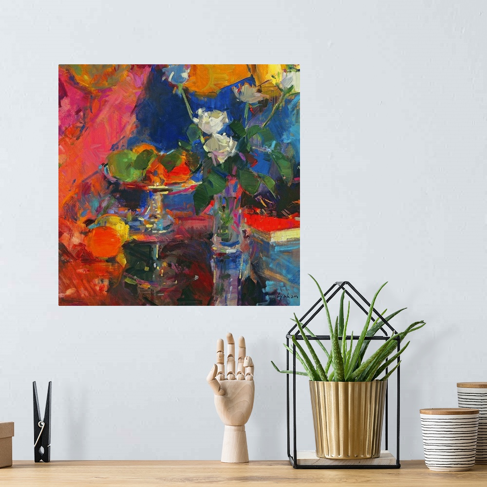 A bohemian room featuring Abstract artwork of a vase of flowers and a bowl of fruit on a table that has colorful paint stro...