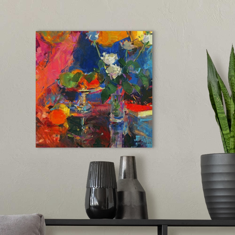 A modern room featuring Abstract artwork of a vase of flowers and a bowl of fruit on a table that has colorful paint stro...