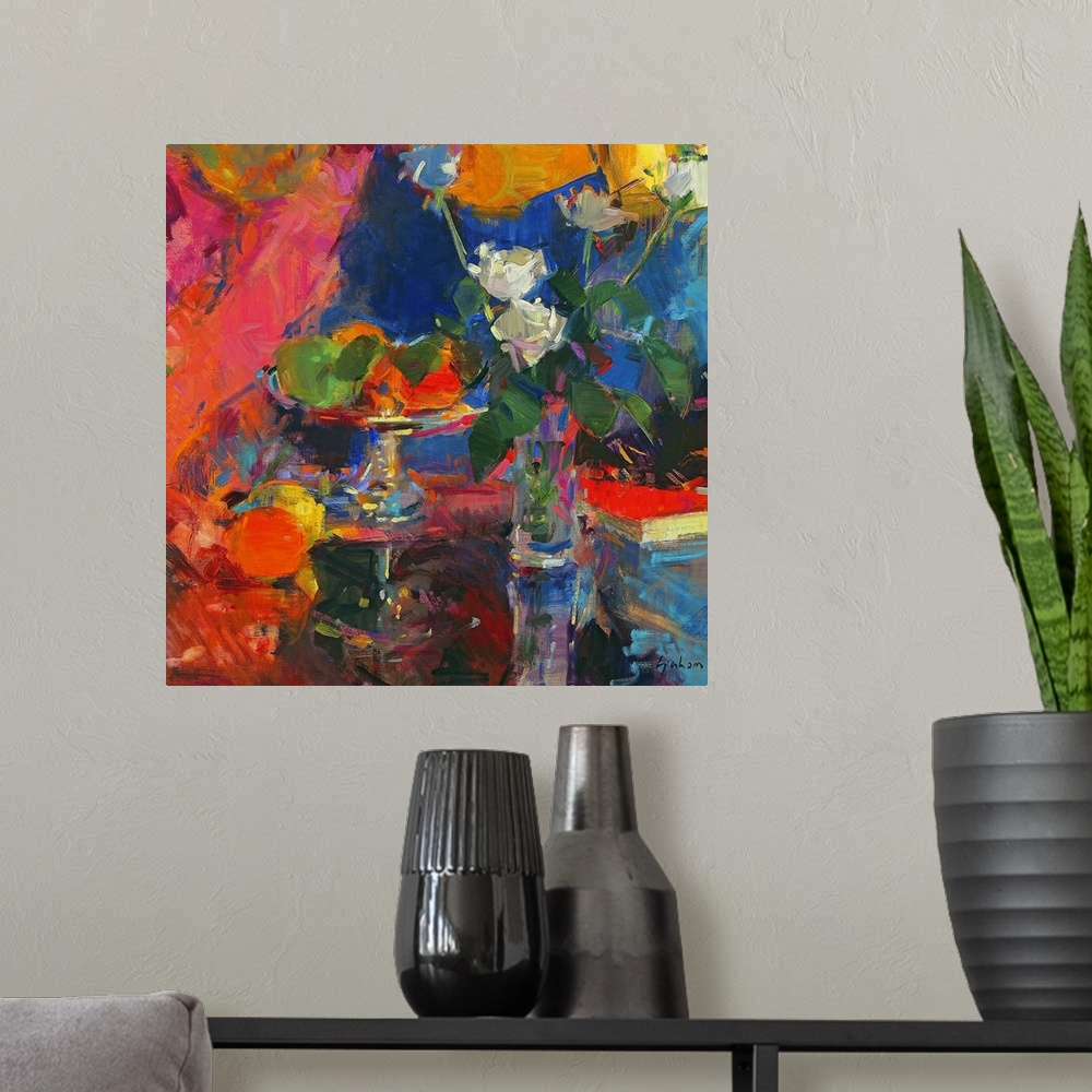 A modern room featuring Abstract artwork of a vase of flowers and a bowl of fruit on a table that has colorful paint stro...