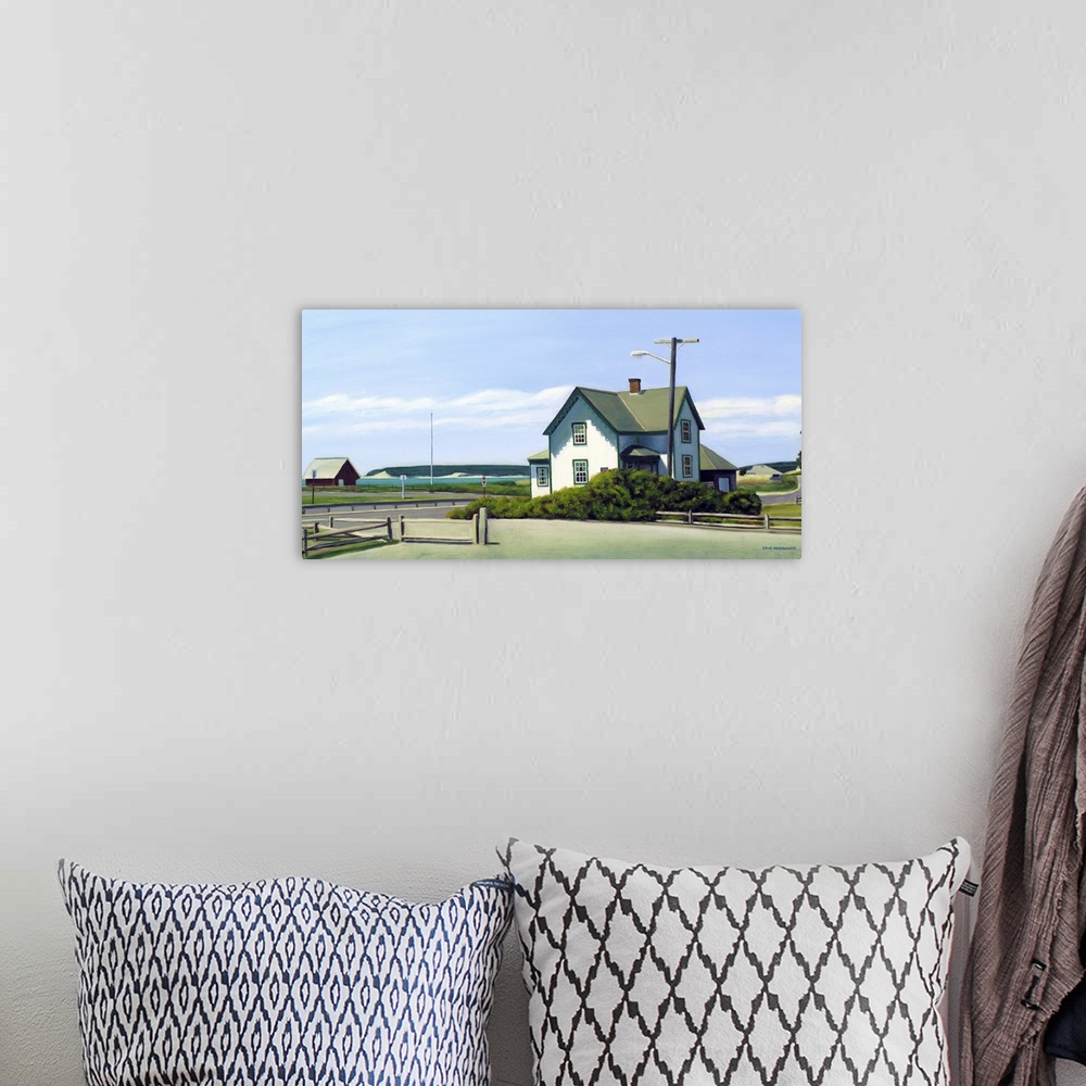 A bohemian room featuring Contemporary painting of a house on the coast in New England.