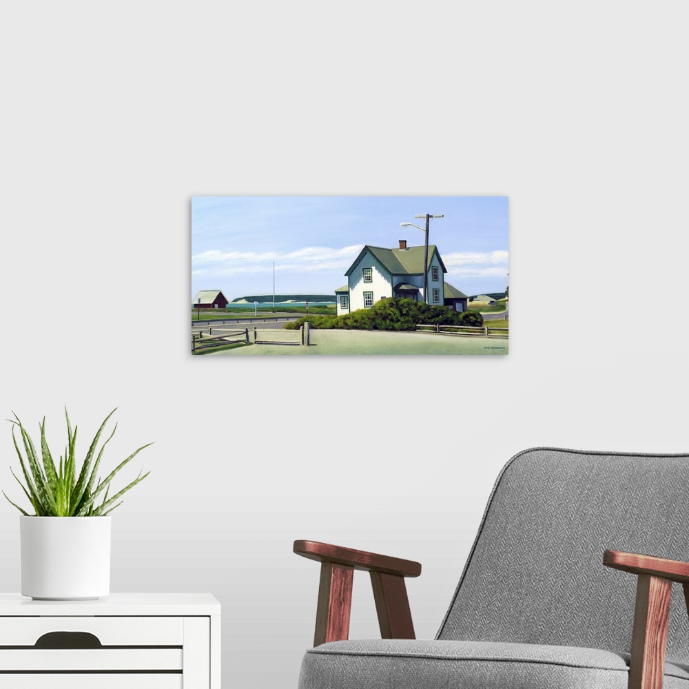 A modern room featuring Contemporary painting of a house on the coast in New England.