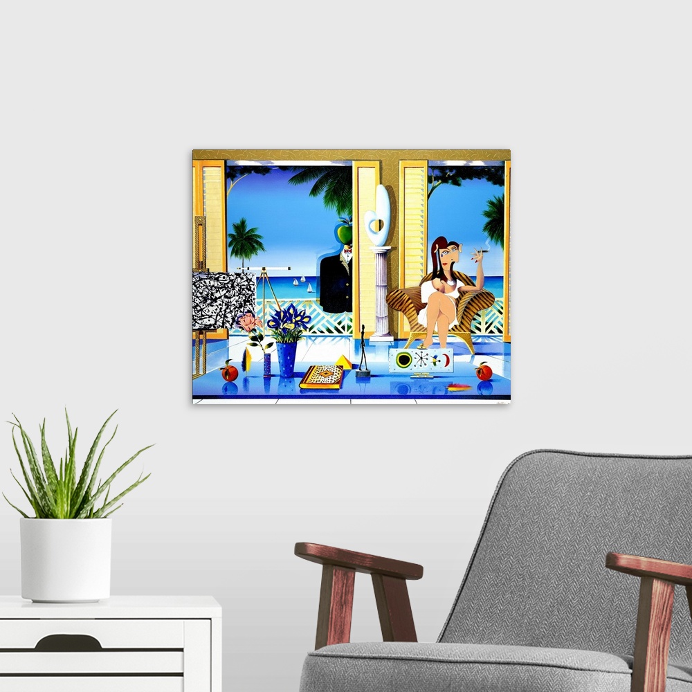 A modern room featuring Contemporary painting of a woman sitting on an armchair in a high class room overlooking the ocean.