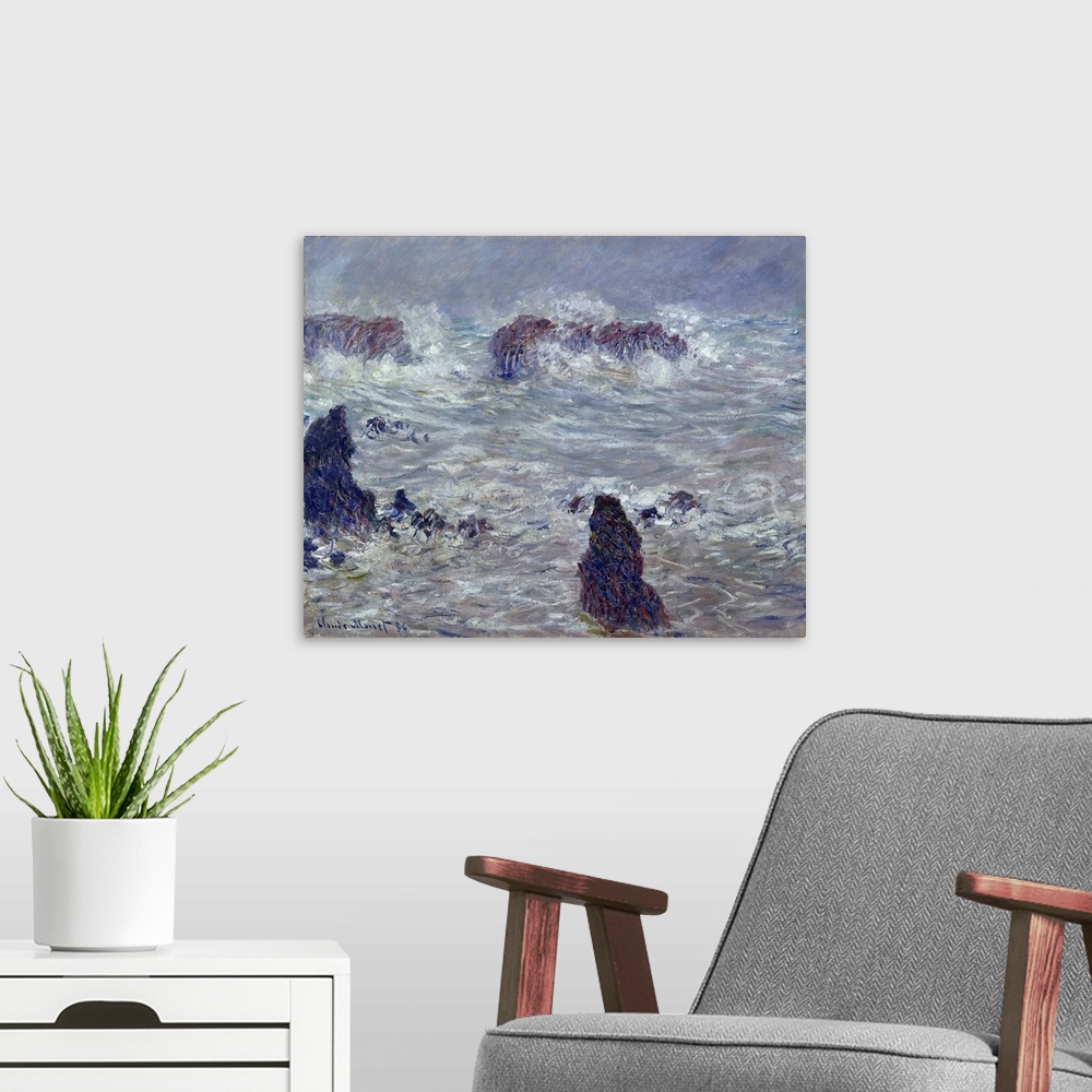 A modern room featuring Oil painting of rocky shoreline with crashing waves and rough seas.