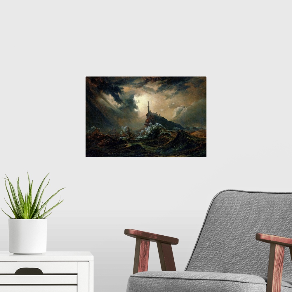 A modern room featuring Stormy sea with Lighthouse