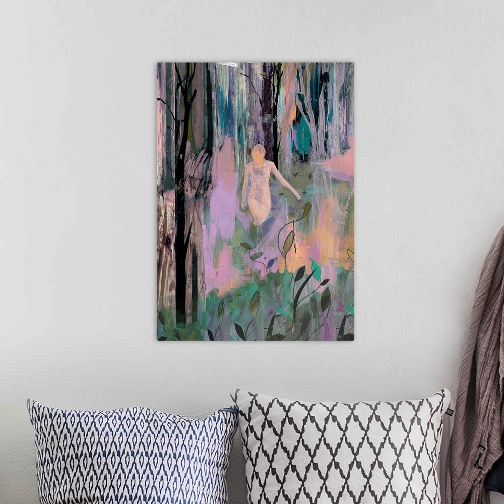 A bohemian room featuring Originally mixed media on wood panel.