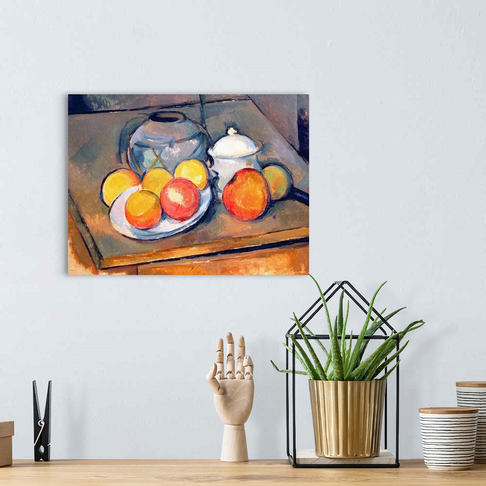 A bohemian room featuring Perfect artwork for the kitchen of different types of dishes covered in apples and oranges.