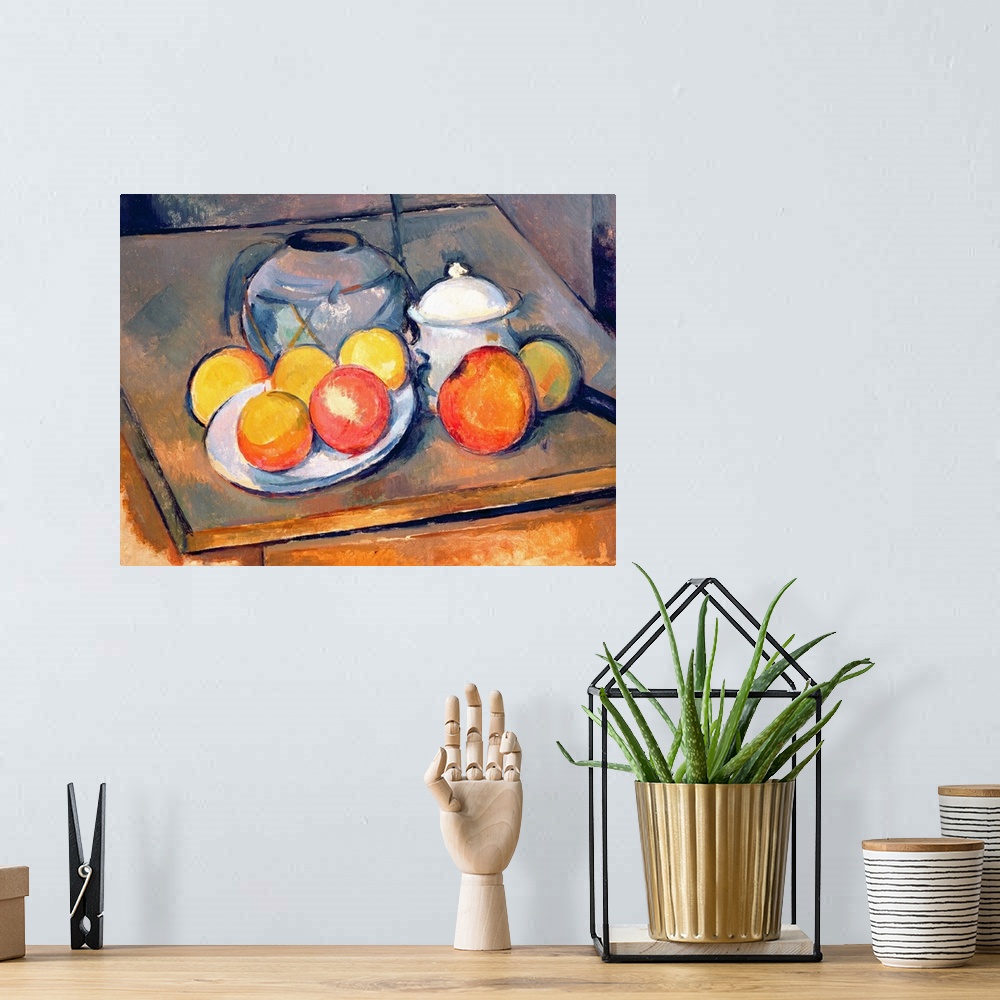A bohemian room featuring Perfect artwork for the kitchen of different types of dishes covered in apples and oranges.
