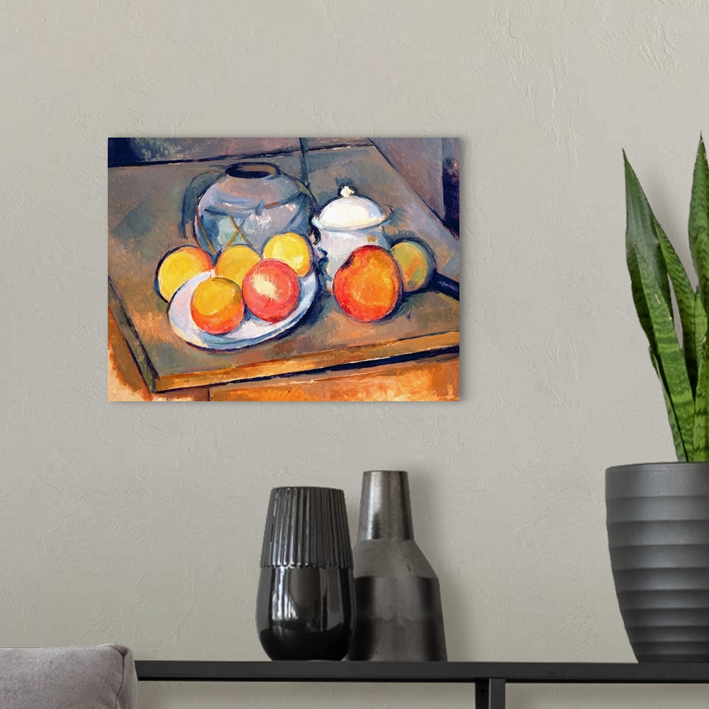 A modern room featuring Perfect artwork for the kitchen of different types of dishes covered in apples and oranges.