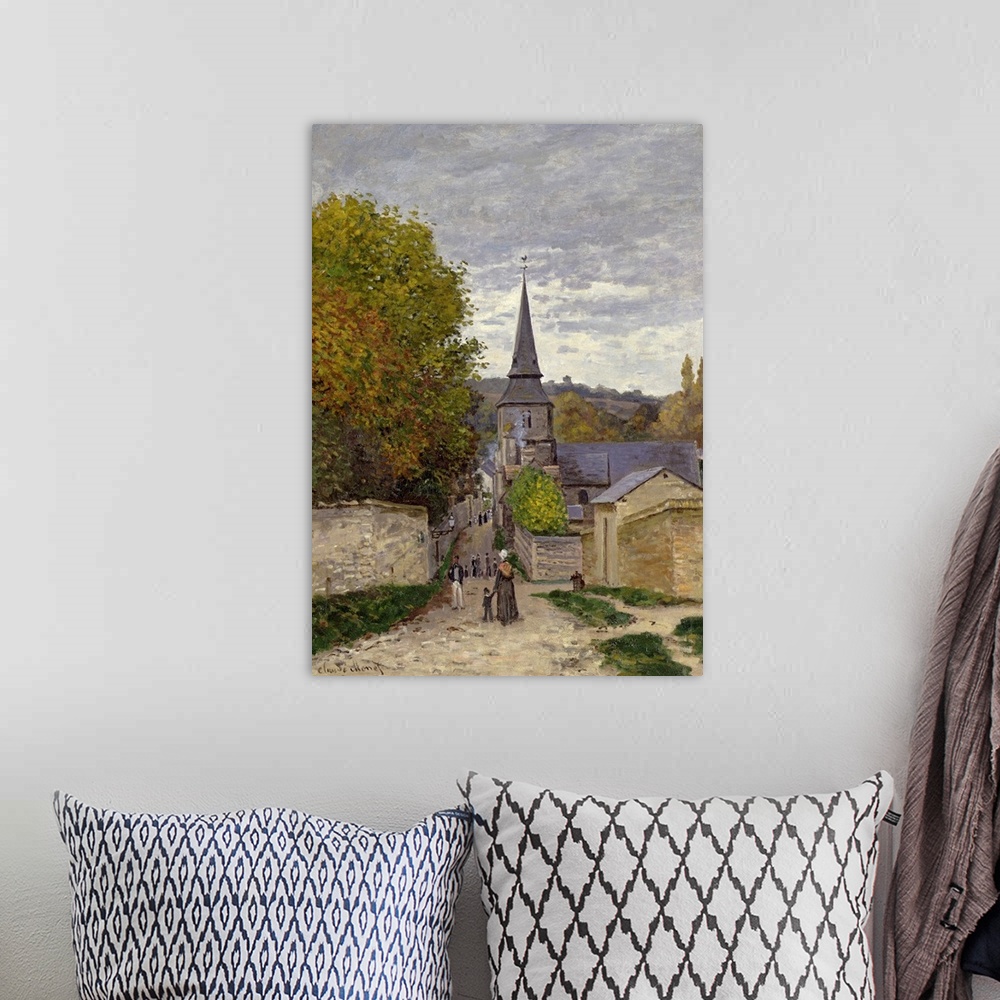 A bohemian room featuring Portrait, large classic artwork of a narrow street leading into a town, surrounded by small build...