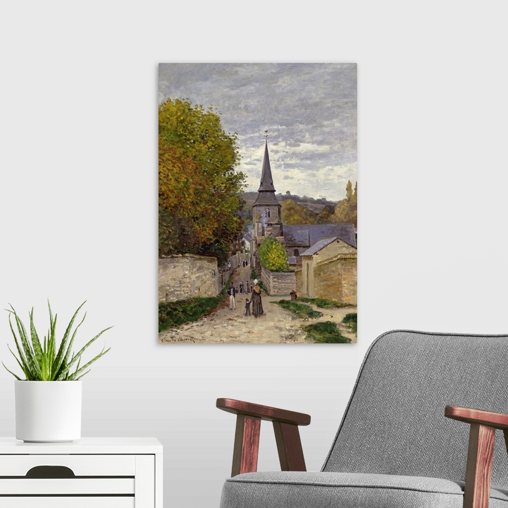 A modern room featuring Portrait, large classic artwork of a narrow street leading into a town, surrounded by small build...