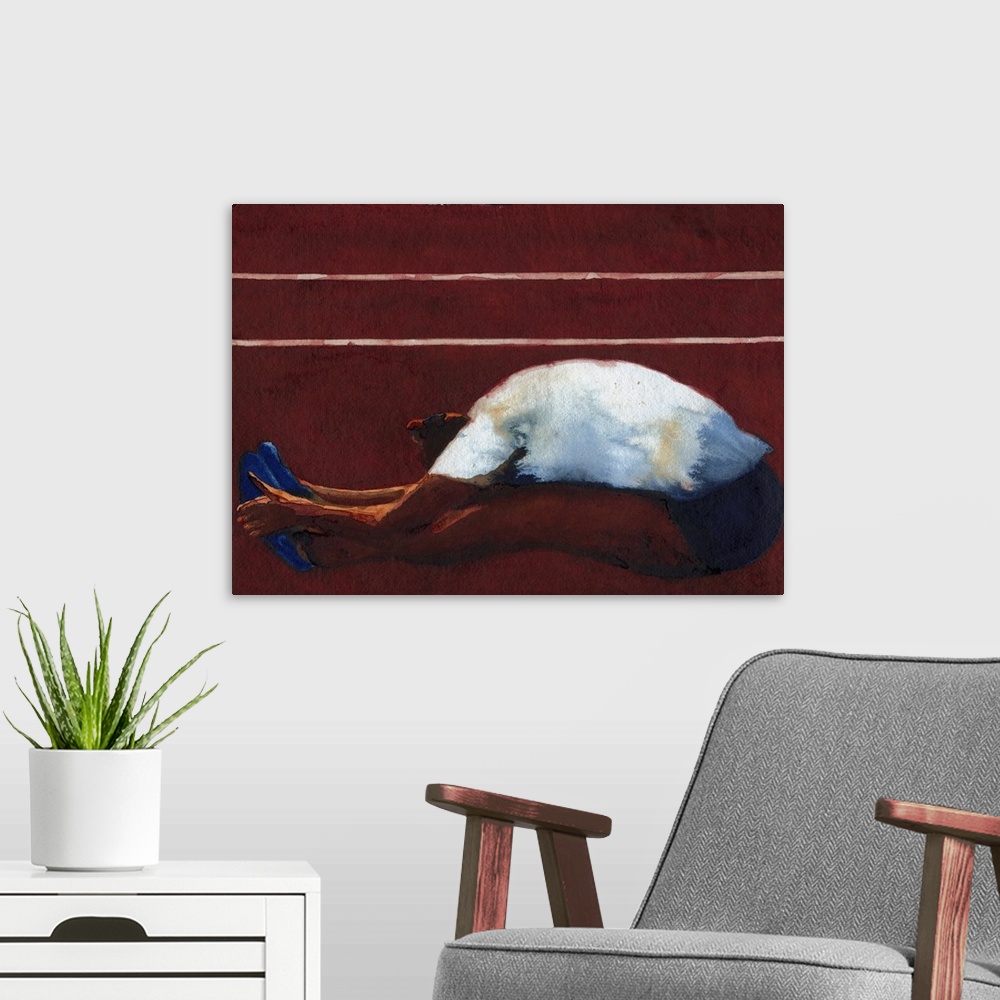 A modern room featuring Contemporary figurative art of an athlete stretching on the ground.