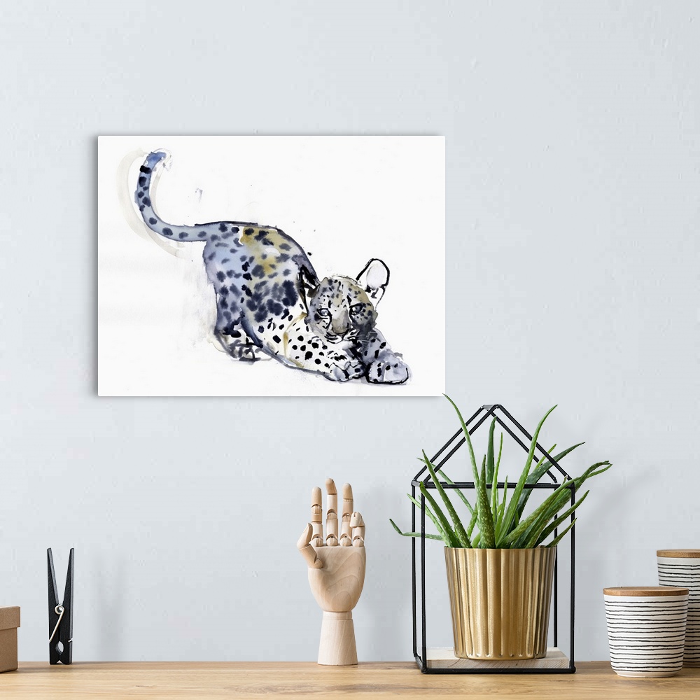 A bohemian room featuring Contemporary wildlife painting of an Arabian Leopard cub.