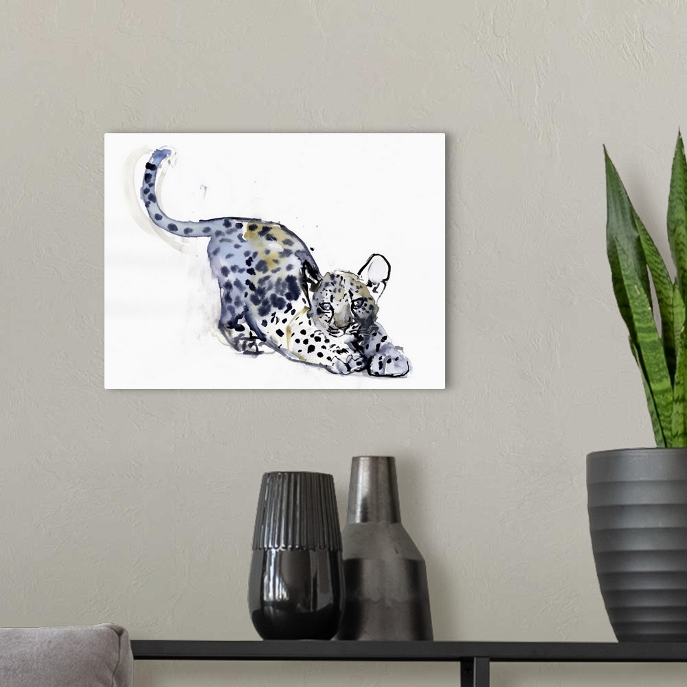 A modern room featuring Contemporary wildlife painting of an Arabian Leopard cub.