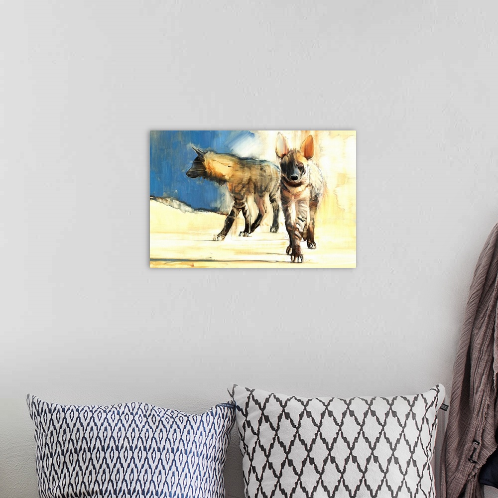 A bohemian room featuring Contemporary wildlife painting of two Striped Hyenas.
