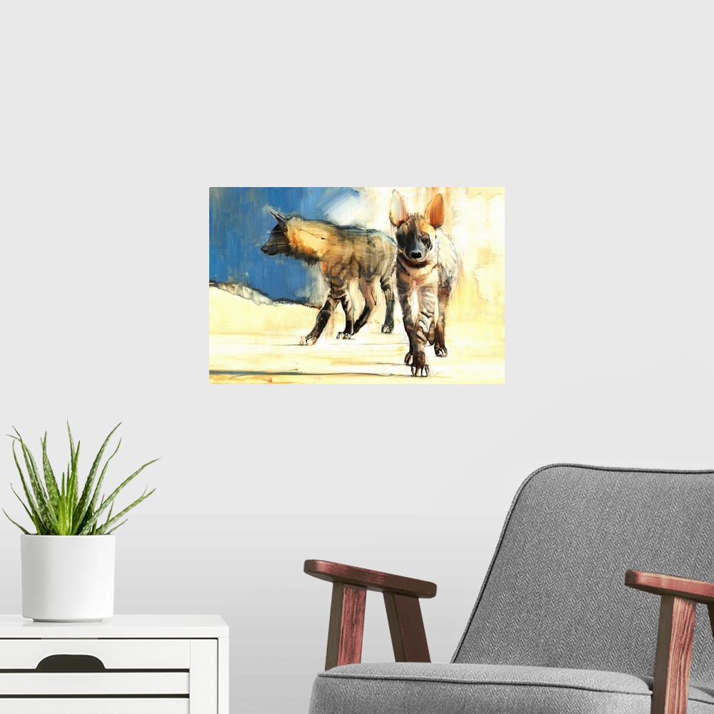 A modern room featuring Contemporary wildlife painting of two Striped Hyenas.
