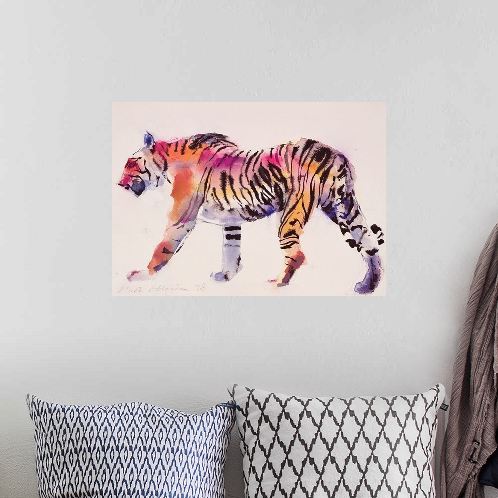 A bohemian room featuring Contemporary wildlife painting of a prowling tiger.