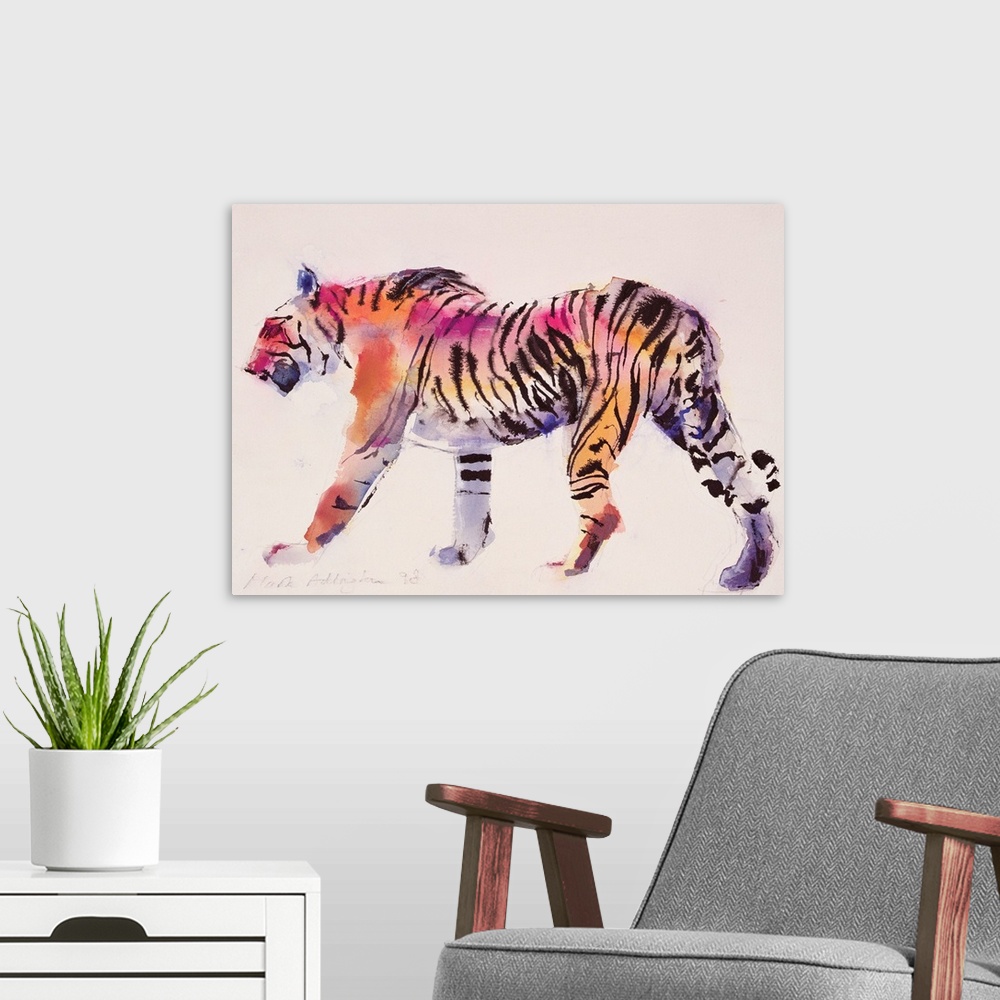 A modern room featuring Contemporary wildlife painting of a prowling tiger.