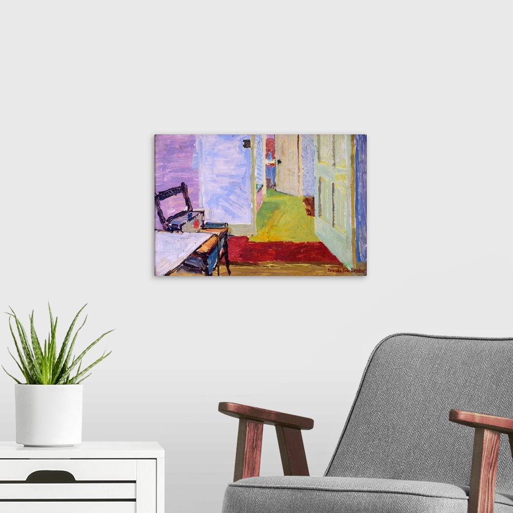 A modern room featuring Originally oil on canvas.