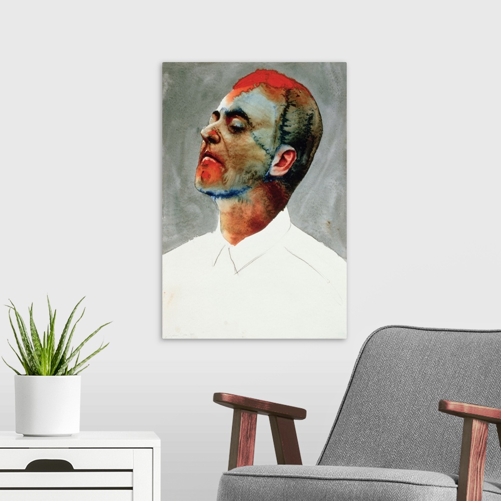 A modern room featuring Contemporary portrait of a man in a white shirt.